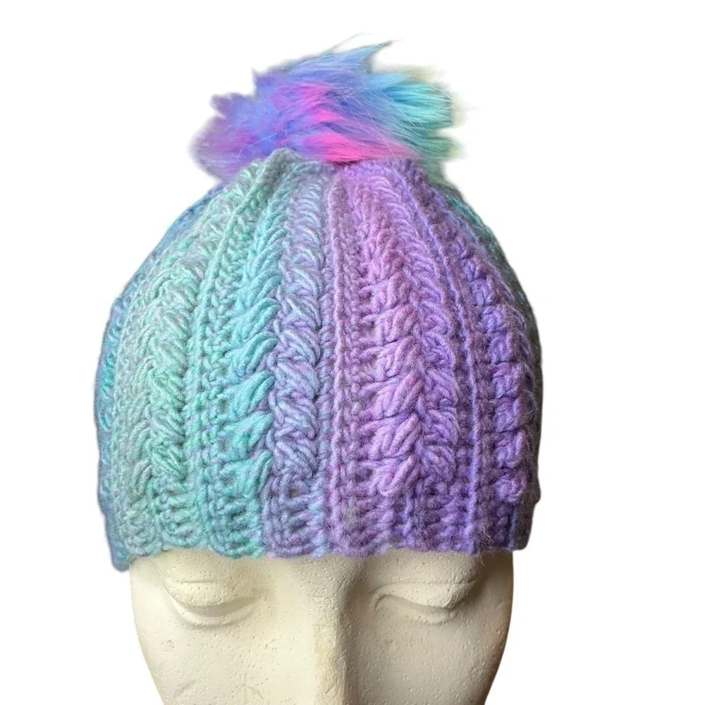 Handcrafted Crochet Winter Hat Blue Purple Snowy Wheat Knit Beanie with Pom Pom